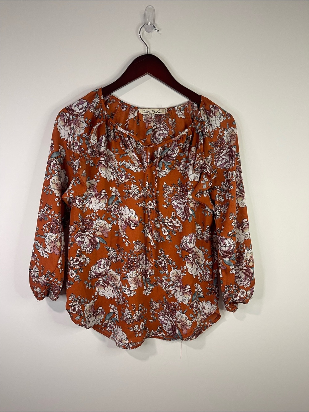 Liberty Love Rust Floral Ruffle-Trim Blouse